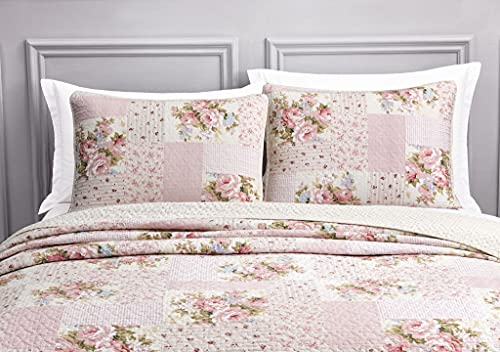 Chezmoi Collection Rosy 3-Piece Printed Patchwork Cotton Quilt Set - Pink Flower Floral Striped Polka Dots - Stone Washed Lightweight Bedspread, Queen Size