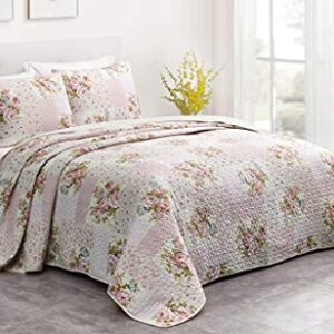 Chezmoi Collection Rosy 3-Piece Printed Patchwork Cotton Quilt Set - Pink Flower Floral Striped Polka Dots - Stone Washed Lightweight Bedspread, Queen Size