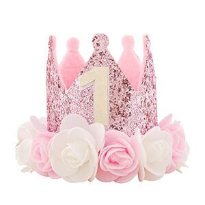 kbrand hat first birthday 1st for baby girl decoration gifts rose gold baby pink party crown one year old flowers princess pink 3inch