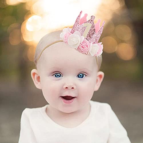 Kbrand Hat First Birthday 1st For Baby Girl Decoration Gifts Rose Gold Baby Pink Party Crown One Year Old Flowers Princess Pink 3inch