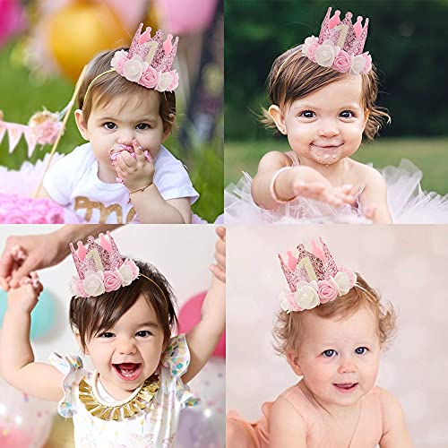 Kbrand Hat First Birthday 1st For Baby Girl Decoration Gifts Rose Gold Baby Pink Party Crown One Year Old Flowers Princess Pink 3inch