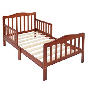 volowoo bed frame for children, solid pine wood frame with safety guardrail,classic sleeping wooden bedroom furniture small kids single bed for girls & boys, 53" x 30" x 24.5" (l x w x h)，brown