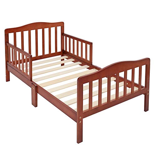 Volowoo Bed Frame for Children, Solid Pine Wood Frame with Safety Guardrail,Classic Sleeping Wooden Bedroom Furniture Small Kids Single Bed for Girls & Boys, 53" x 30" x 24.5" (L x W x H)，Brown