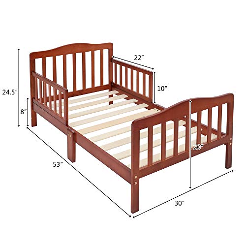 Volowoo Bed Frame for Children, Solid Pine Wood Frame with Safety Guardrail,Classic Sleeping Wooden Bedroom Furniture Small Kids Single Bed for Girls & Boys, 53" x 30" x 24.5" (L x W x H)，Brown