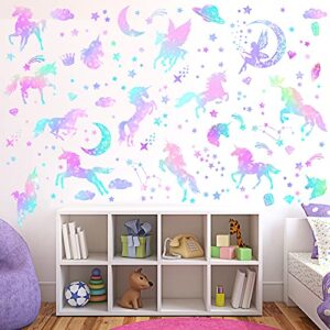 4 sheets of unicorn peel and stick wall decal glitter unicorn and fairy wall stickers cartoon wall decals removable diy for bedroom playroom living room decor, unicorn and fairy