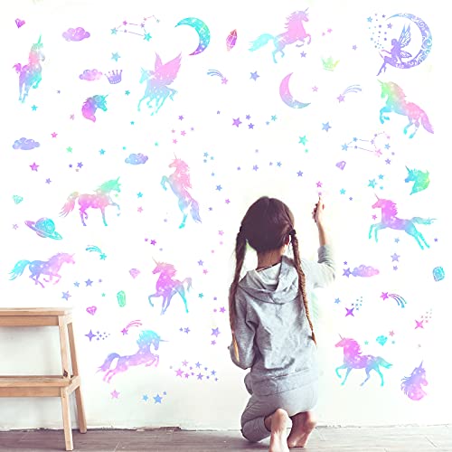 4 Sheets of Unicorn Peel and Stick Wall Decal Glitter Unicorn and Fairy Wall Stickers Cartoon Wall Decals Removable DIY for Bedroom Playroom Living Room Decor, Unicorn and Fairy