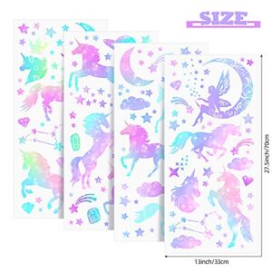 4 Sheets of Unicorn Peel and Stick Wall Decal Glitter Unicorn and Fairy Wall Stickers Cartoon Wall Decals Removable DIY for Bedroom Playroom Living Room Decor, Unicorn and Fairy