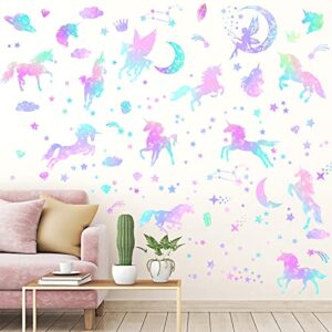 4 Sheets of Unicorn Peel and Stick Wall Decal Glitter Unicorn and Fairy Wall Stickers Cartoon Wall Decals Removable DIY for Bedroom Playroom Living Room Decor, Unicorn and Fairy