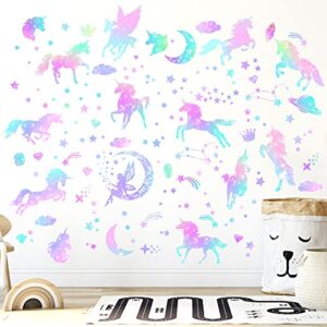 4 Sheets of Unicorn Peel and Stick Wall Decal Glitter Unicorn and Fairy Wall Stickers Cartoon Wall Decals Removable DIY for Bedroom Playroom Living Room Decor, Unicorn and Fairy