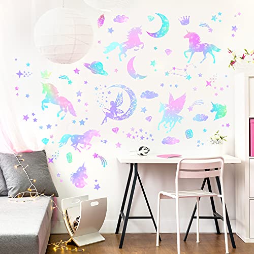 4 Sheets of Unicorn Peel and Stick Wall Decal Glitter Unicorn and Fairy Wall Stickers Cartoon Wall Decals Removable DIY for Bedroom Playroom Living Room Decor, Unicorn and Fairy