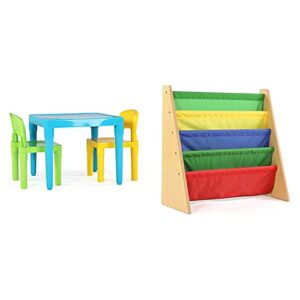 Humble Crew, Aqua Table & Green/Yellow Kids Lightweight Plastic Table and 2 Chairs Set, Square, Toddler & Natural Wood/Primary Kids Book Rack Storage Bookshelf, 4 Tiers, Toddler