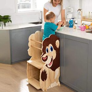 max & me adorable lion toddler kitchen stool helper, adjustable height kitchen stool for toddlers. safe montessori stool and toddler counter stand perfect for learning and baking