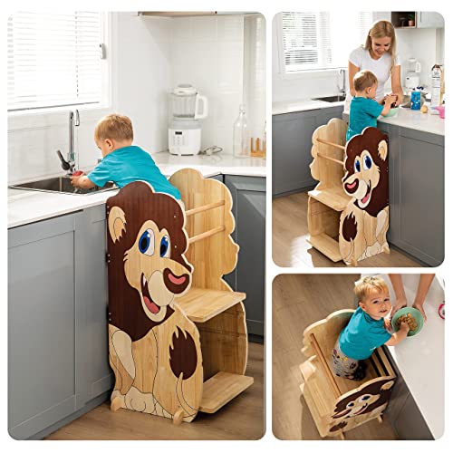 Max & Me Adorable Lion Toddler Kitchen Stool Helper, Adjustable Height Kitchen Stool for Toddlers. Safe Montessori Stool and Toddler Counter Stand Perfect for Learning and Baking