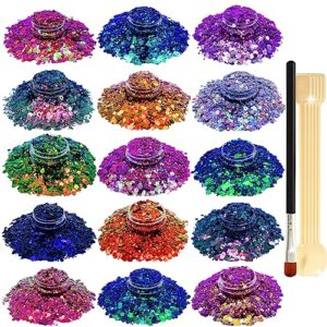 nail glitter supgift 15 colors 130g holographic chunky cosmetic chameleon sequins for makeup hair body art slime craft resin with brush 5 spoons