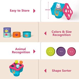 Baby Stacking Toys for Toddlers 1-3, Nesting Cups Shape Sorter for Infant 6 to 12-18 Months, Stackable Blocks Learning Toy with Rattle & Free Frog Bath Toy, Birthday Gifts for Kids 9-12 Month Girl Boy