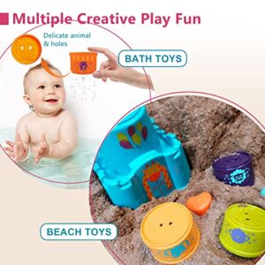 Baby Stacking Toys for Toddlers 1-3, Nesting Cups Shape Sorter for Infant 6 to 12-18 Months, Stackable Blocks Learning Toy with Rattle & Free Frog Bath Toy, Birthday Gifts for Kids 9-12 Month Girl Boy