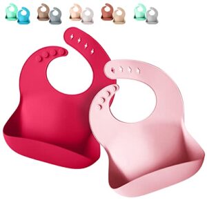 sperric silicone baby bibs - soft silicone bib with food catcher and waterproof material - adjustable fit for baby and toddler (light/dark pink)