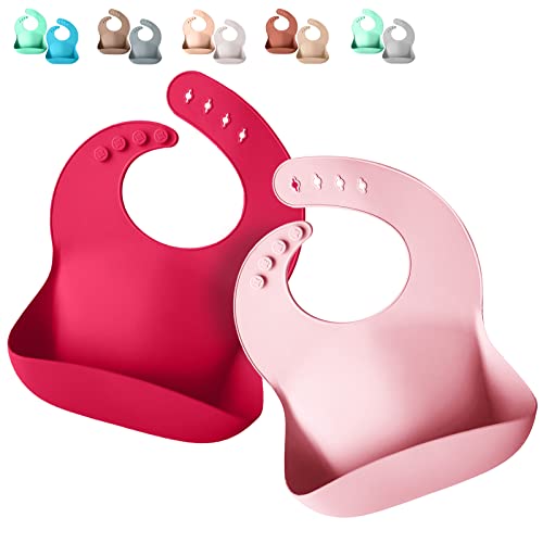 Sperric Silicone Baby Bibs - Soft Silicone Bib with Food Catcher and Waterproof Material - Adjustable Fit for Baby and Toddler (Light/Dark Pink)