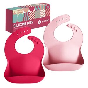 Sperric Silicone Baby Bibs - Soft Silicone Bib with Food Catcher and Waterproof Material - Adjustable Fit for Baby and Toddler (Light/Dark Pink)