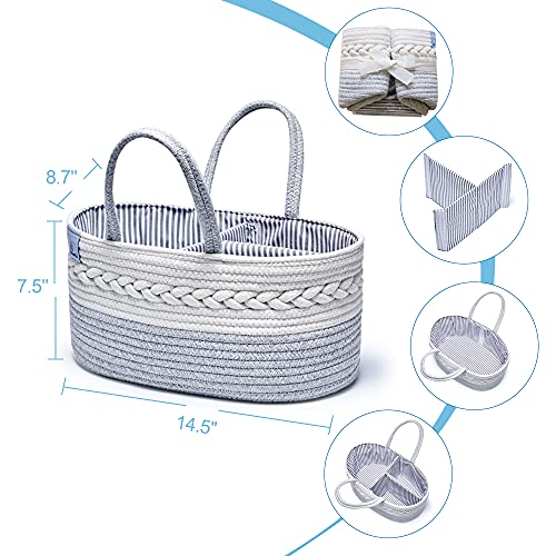 Clearworld Baby Diaper Caddy Organizer - 100% Cotton Rope Nursery Storage Bin for Changing Table and Car,Portable Diaper Caddy Basket for Boys and Girls (Grey)