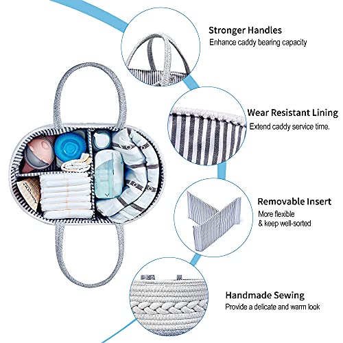 Clearworld Baby Diaper Caddy Organizer - 100% Cotton Rope Nursery Storage Bin for Changing Table and Car,Portable Diaper Caddy Basket for Boys and Girls (Grey)