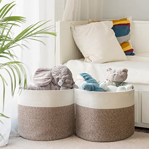 Goodpick 2pack Large Woven Blanket Storage Baskets Round Laundry Basket Toy Organizier Clothes Hamper Shoe Storage Bins Brown