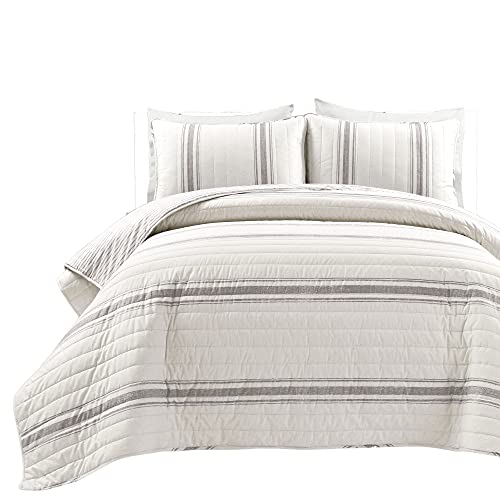 Lush Decor Farmhouse Stripe Reversible Cotton 3 Piece Quilt Set, Full/Queen, Gray