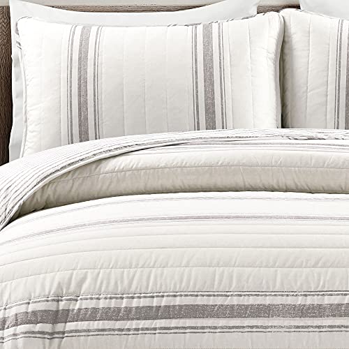 Lush Decor Farmhouse Stripe Reversible Cotton 3 Piece Quilt Set, Full/Queen, Gray