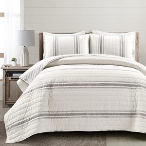 Lush Decor Farmhouse Stripe Reversible Cotton 3 Piece Quilt Set, Full/Queen, Gray