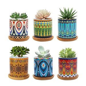warmplus succulent pots, 3 inch mandala planter pot with drainage and bamboo tray, small pots for all house plants, succulents, flowers, cactus, pack of 6 - plants not included