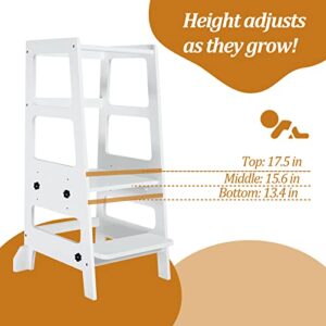 Zytty Toddler Step Stool Toddler Kitchen Stool, Adjustable-Height Toddler Tower Stool Kitchen Wooden Helper Step Stools for Kids, White