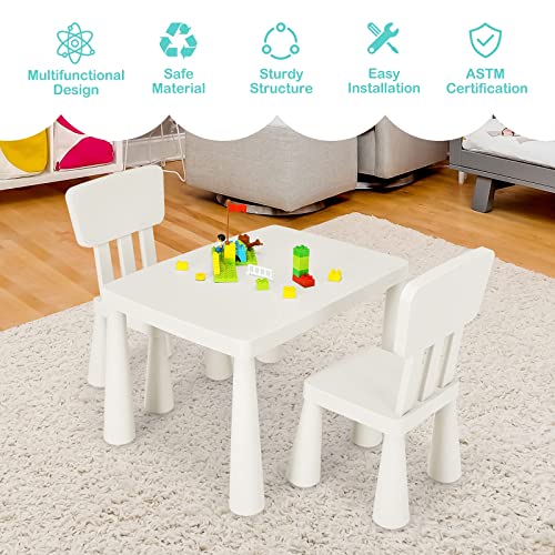 Costzon Kids Table and Chair Set, 3 Piece Plastic Children Activity Table for Reading, Drawing, Snack Time, Arts Crafts, Preschool, Kindergarten & Playroom, Easy Clean, Toddler Table & Chair (White)