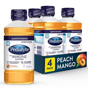 pedialyte with immune support, peach mango, 4 count, electrolyte hydration drink, with zinc, selenium, and magnesium, 1 liter