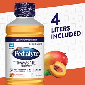 Pedialyte with Immune Support, Peach Mango, 4 Count, Electrolyte Hydration Drink, with Zinc, Selenium, and Magnesium, 1 Liter