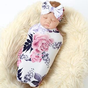 Galabloomer Newborn Receiving Blanket Headband Set Baby Swaddle Mother and Baby (White Blush)