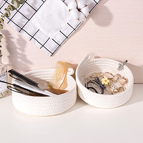 LixinJu Small Basket Small Baskets for Organizing Small Rope Basket Small Woven Basket Set of 2 Key Basket Round Mini Storage Bins for Bathroom Desk Organizer Gifts, XS White