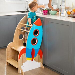 max & me adorable rocket ship toddler kitchen stool helper, adjustable height kitchen stool for toddlers. safe montessori stool and toddler counter stand perfect for learning and baking