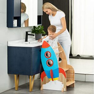 Max & Me Adorable Rocket Ship Toddler Kitchen Stool Helper, Adjustable Height Kitchen Stool for Toddlers. Safe Montessori Stool and Toddler Counter Stand Perfect for Learning and Baking