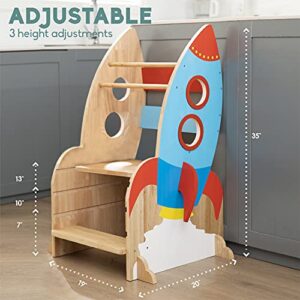 Max & Me Adorable Rocket Ship Toddler Kitchen Stool Helper, Adjustable Height Kitchen Stool for Toddlers. Safe Montessori Stool and Toddler Counter Stand Perfect for Learning and Baking