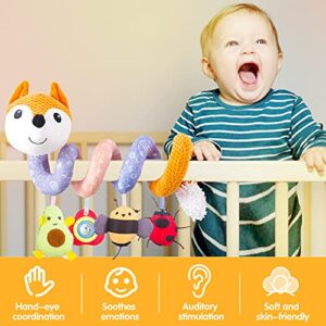 HILENBO Car Seat Toys, Infant Baby Orange Fox Spiral Plush Activity Hanging Toys for Car Seat Stroller Bar Crib Bassinet Mobile with Music Box BB Squeaker and Rattles（Orange）