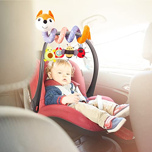 HILENBO Car Seat Toys, Infant Baby Orange Fox Spiral Plush Activity Hanging Toys for Car Seat Stroller Bar Crib Bassinet Mobile with Music Box BB Squeaker and Rattles（Orange）