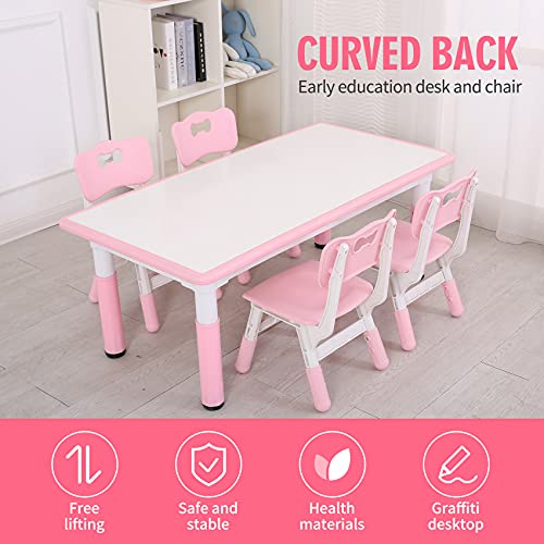 UNICOO - Kids Study Table and Chairs Set, Height Adjustable Plastic Children Art Desk with 4 Seats, Kids Multi Activity Table Set (Kids Table 5 Piece Set - BY-120-WP)