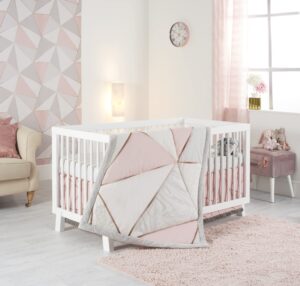 oberlux crib bedding set for girls- 4-piece baby nursery bedding crib set; geometric, rose gold, powder pink & marble | precious collection