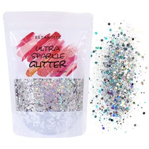 100g holographic glitter, cosmetic mixed hexagon chunky & fine craft glitter resin sequins for epoxy, resin art, body, hair, face, nail, slime, tumblers (silver)
