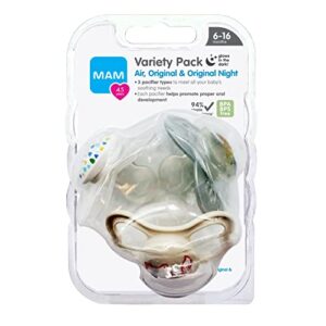 MAM Variety Pack Baby Pacifier, Includes 3 Types of Pacifiers, Nipple Shape Helps Promote Healthy Oral Development, 6-16 Months, Unisex, 3 Count (Pack of 1)