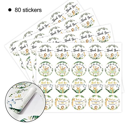 80 Jungle Safari Thank You Stickers, Baby Shower Thank You Stickers, Wild Animals Birthday Party Favor Label Decorations(2 Inch)