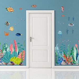2 Sheets Large Under The Sea Wall Decals Ocean Creature Sea Life Stickers Removable Seaweed Sea Turtle Jellyfish Fish Ocean Grass Decor for Kids Baby Nursery Bedroom Playroom Bathroom Living Room