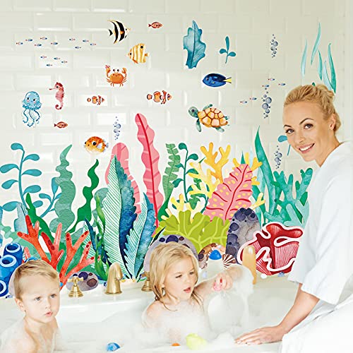 2 Sheets Large Under The Sea Wall Decals Ocean Creature Sea Life Stickers Removable Seaweed Sea Turtle Jellyfish Fish Ocean Grass Decor for Kids Baby Nursery Bedroom Playroom Bathroom Living Room
