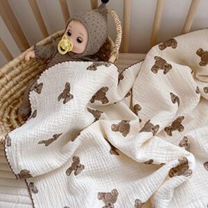 47x51 4 layer super soft 100% cotton muslin bedding swaddle nursery blanket for baby girls boys infant newborn unisex brown teddy bear animal print cute natural beige color summer extra large size