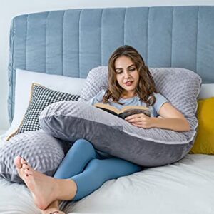 QUEEN ROSE Pregnancy Pillow, Maternity Pillow for Pregnant Women, 55 Inch U Shaped Full Body Pillow for Sleeping Support, Reversible Minky Dot Velvet Cover, Grey